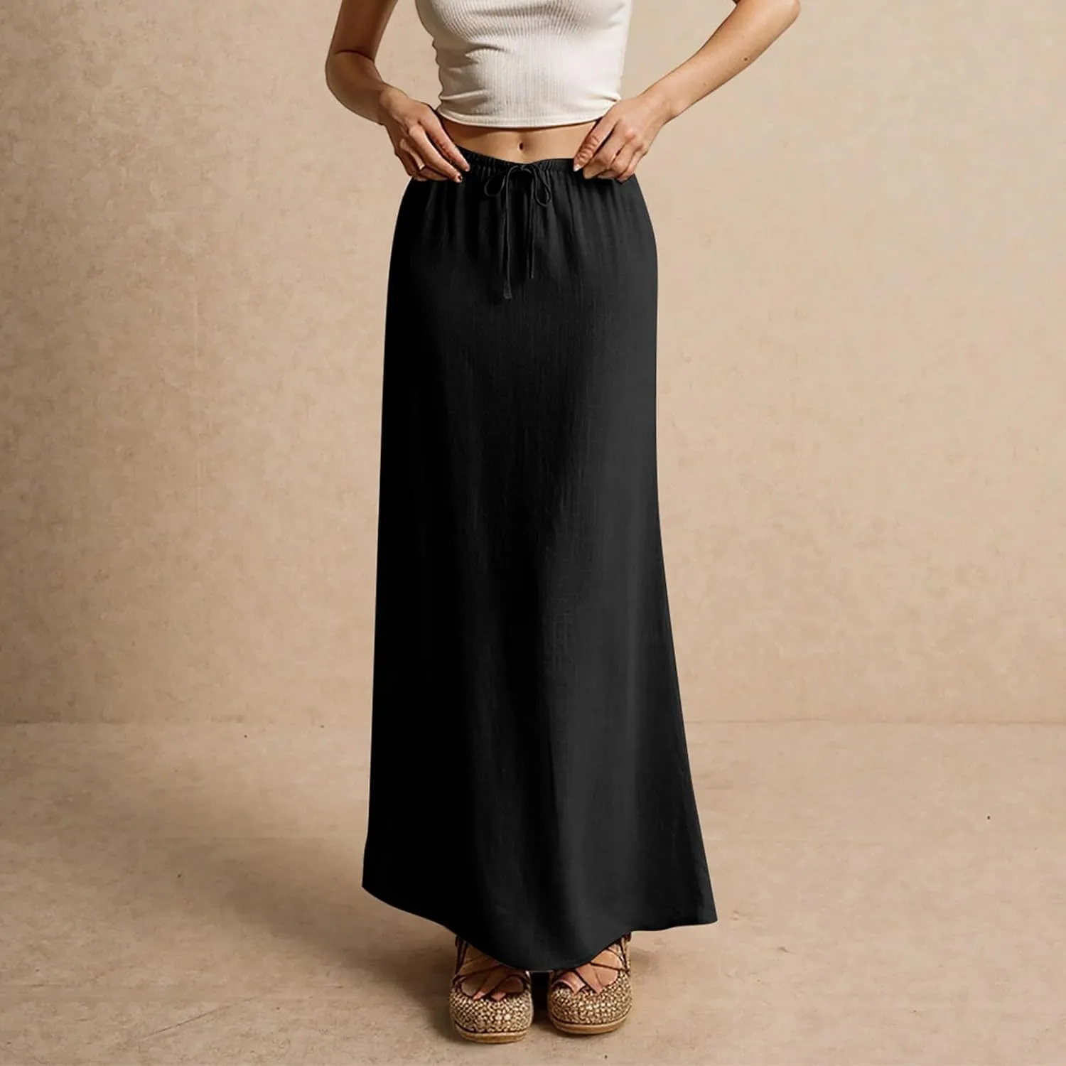 Linen Long Skirts for Women Trendy Summer Drawstring A Line Solid Maxi Skirts Beach Vacation Boho Flowy Skirts