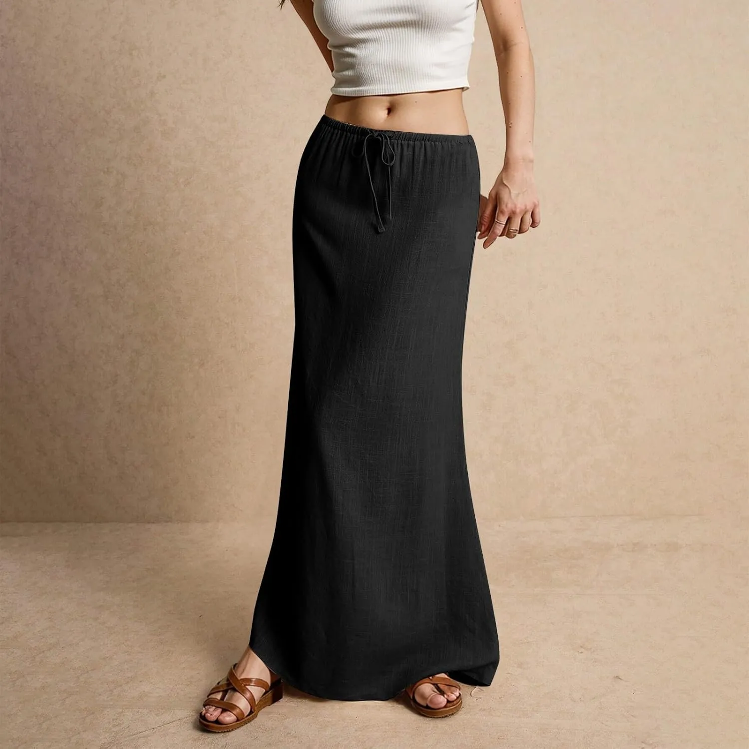 Linen Long Skirts for Women Trendy Summer Drawstring A Line Solid Maxi Skirts Beach Vacation Boho Flowy Skirts