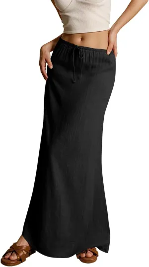 Linen Long Skirts for Women Trendy Summer Drawstring A Line Solid Maxi Skirts Beach Vacation Boho Flowy Skirts