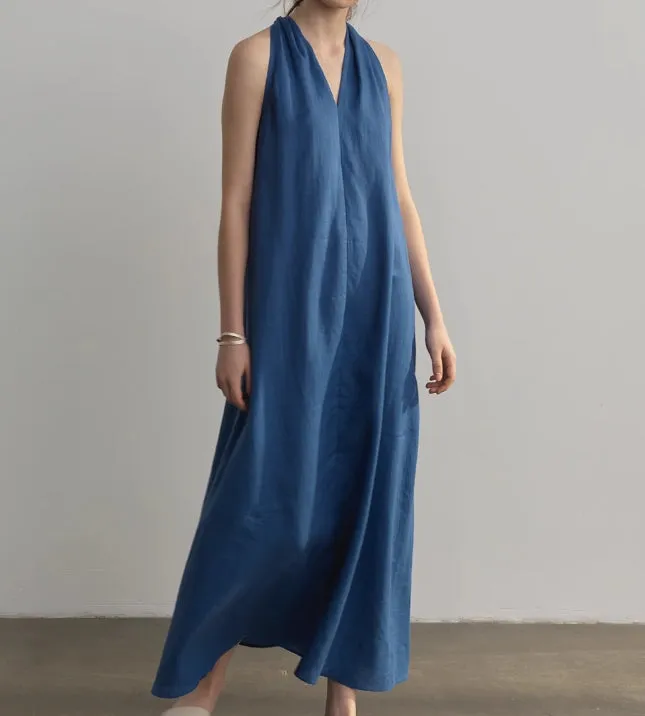Linen Long V-neck Loose Vacation Women Dresses/9988