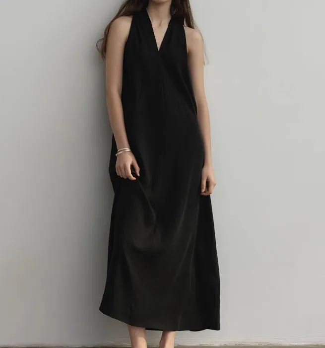 Linen Long V-neck Loose Vacation Women Dresses/9988