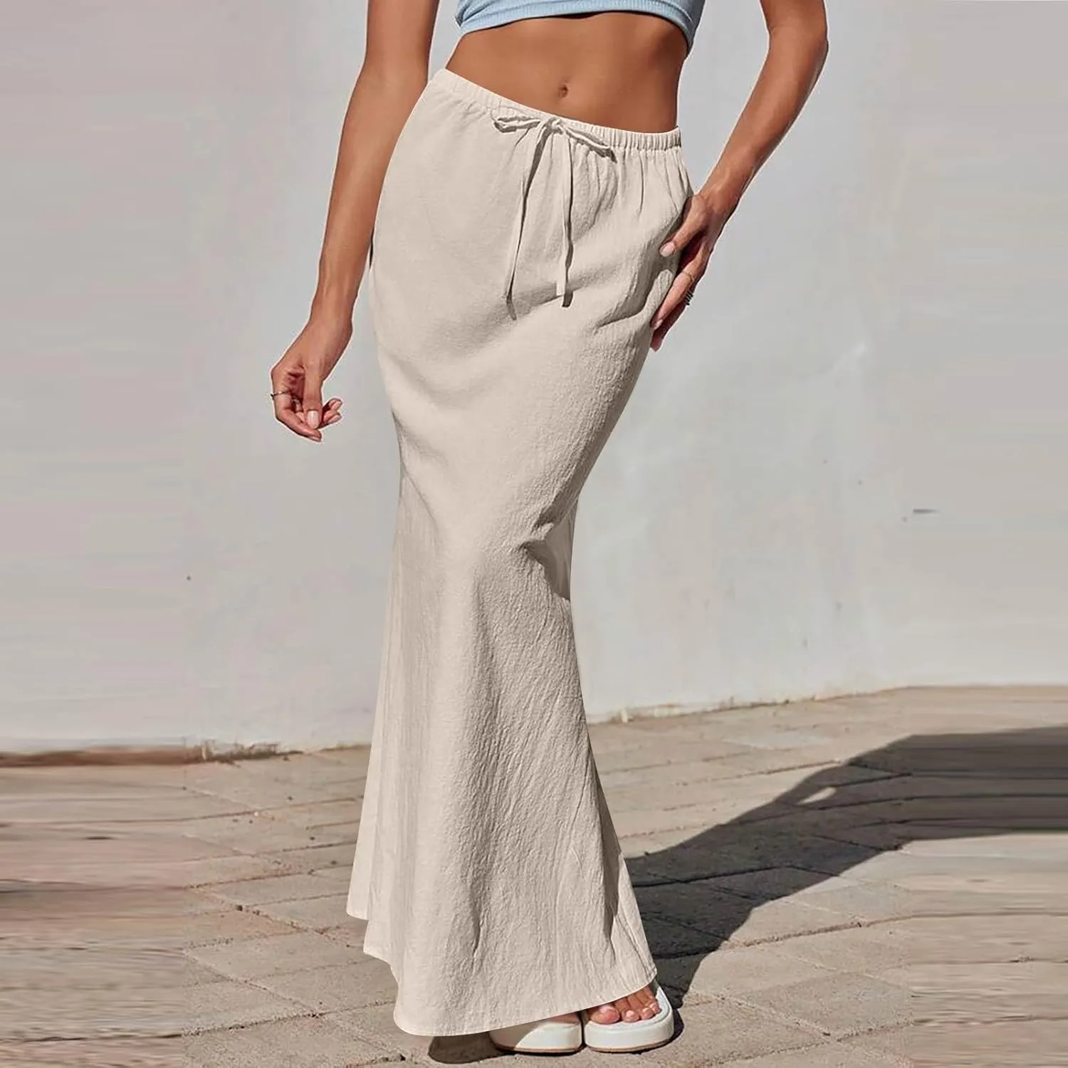 Linen Maxi Skirts for Women 2025 Boho Summer Skirt Casual Drawstring Elastic Waist A Line Long Flowy Fishtail Skirt