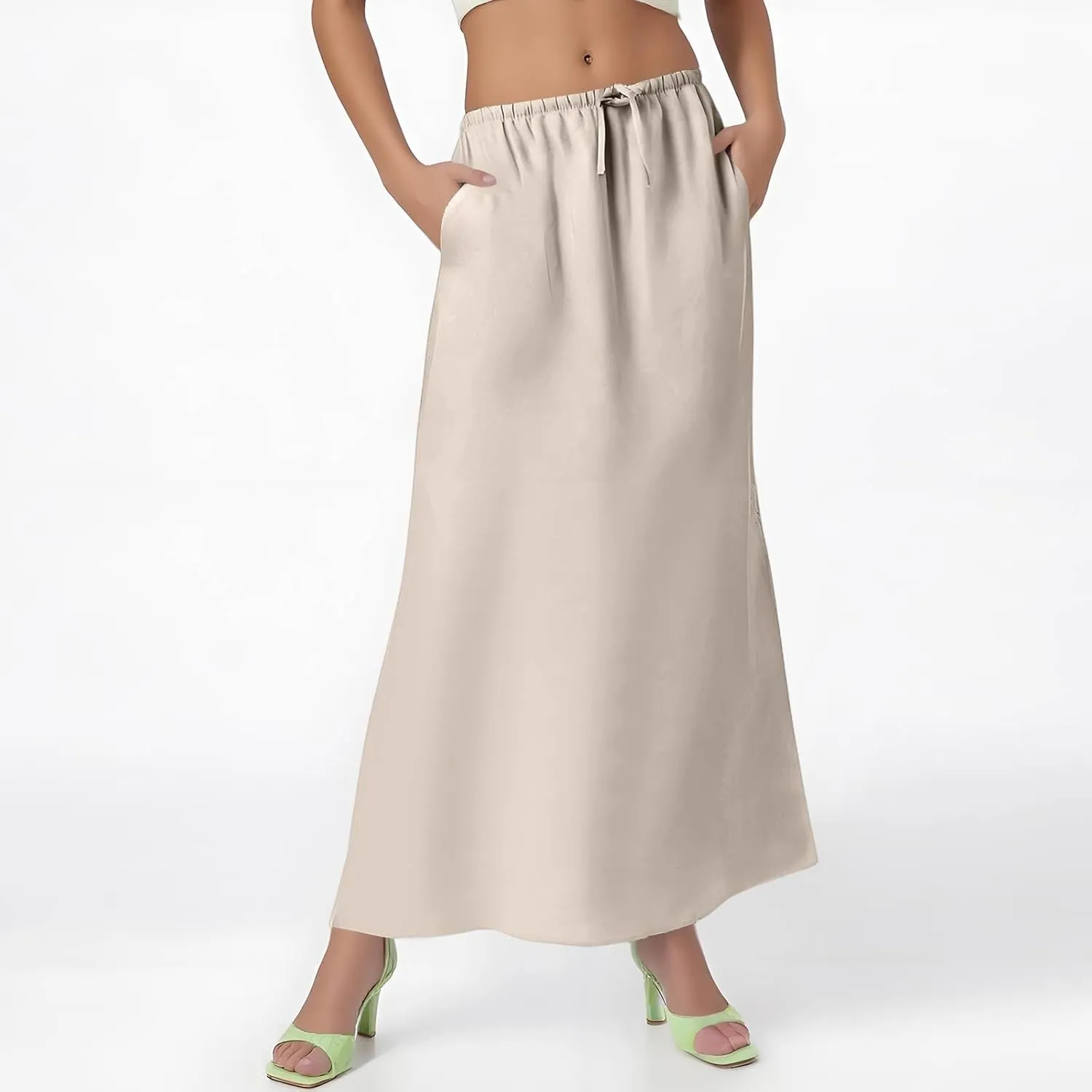 Linen Maxi Skirts for Women 2025 Boho Summer Skirt Casual Drawstring Elastic Waist A Line Long Flowy Fishtail Skirt