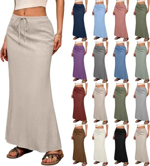 Linen Maxi Skirts for Women 2025 Boho Summer Skirt Casual Drawstring Elastic Waist A Line Long Flowy Fishtail Skirt