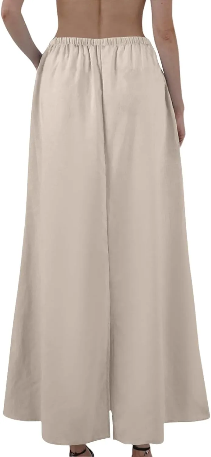 Linen Maxi Skirts for Women 2025 Boho Summer Skirt Casual Drawstring Elastic Waist A Line Long Flowy Fishtail Skirt