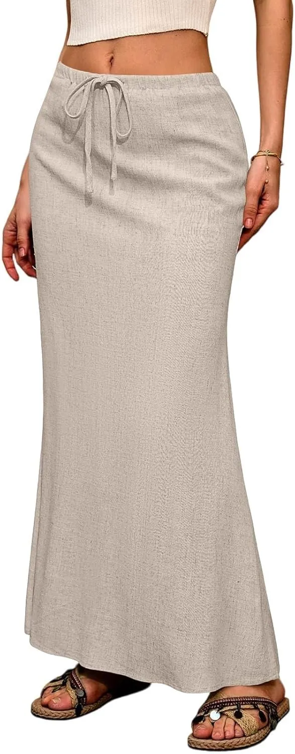 Linen Maxi Skirts for Women 2025 Boho Summer Skirt Casual Drawstring Elastic Waist A Line Long Flowy Fishtail Skirt