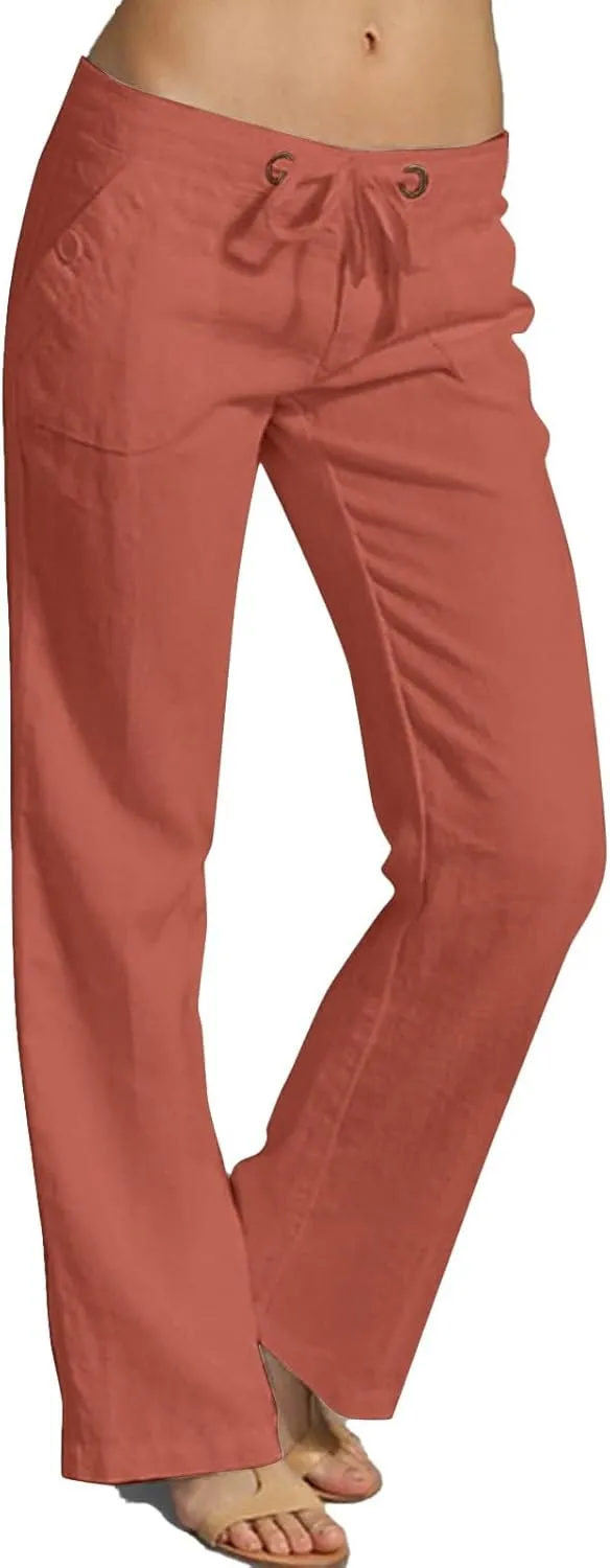 Linen Pants for Women Solid Elastic Pants Long Drawstring Linen Women Waist Summer Vacation High Waist Wide Leg