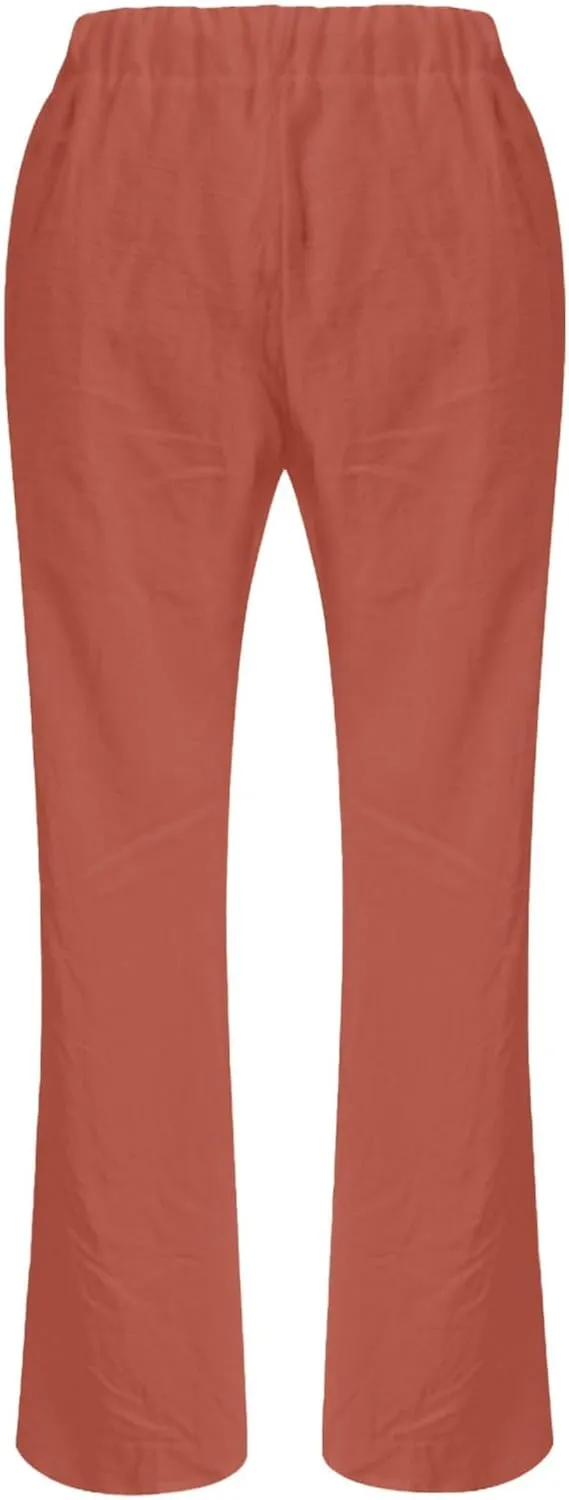 Linen Pants for Women Solid Elastic Pants Long Drawstring Linen Women Waist Summer Vacation High Waist Wide Leg