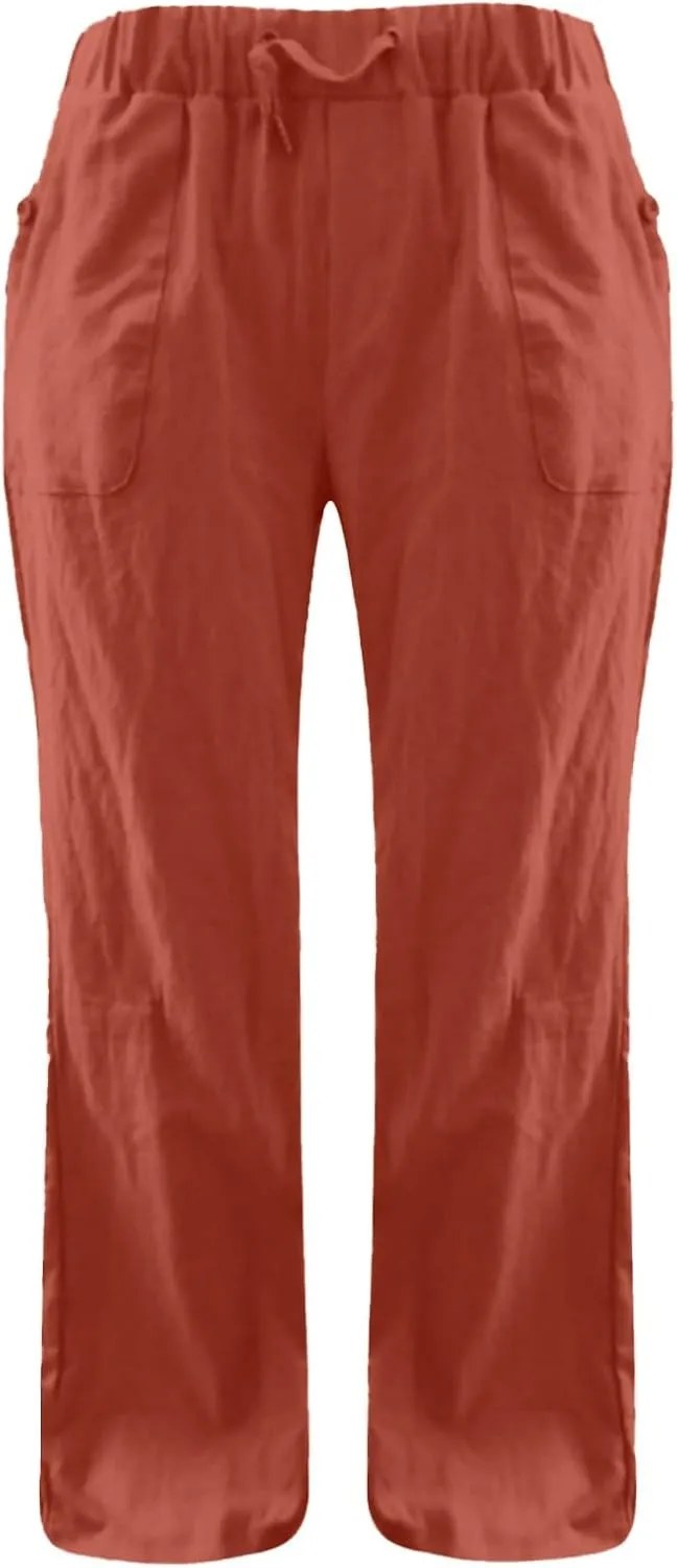 Linen Pants for Women Solid Elastic Pants Long Drawstring Linen Women Waist Summer Vacation High Waist Wide Leg