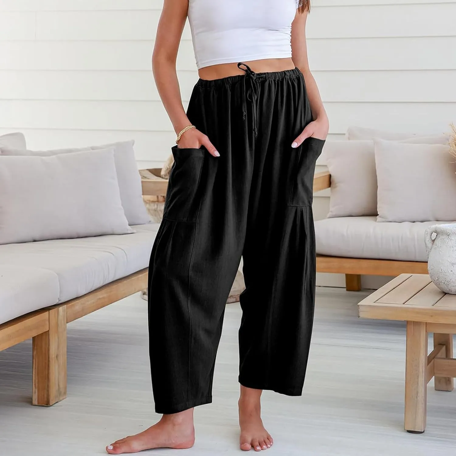 Linen Pants Women 2025 Summer Drawstring Elastic High Waisted Harem Pants Baggy Flowy Wide Leg Pants with Pockets