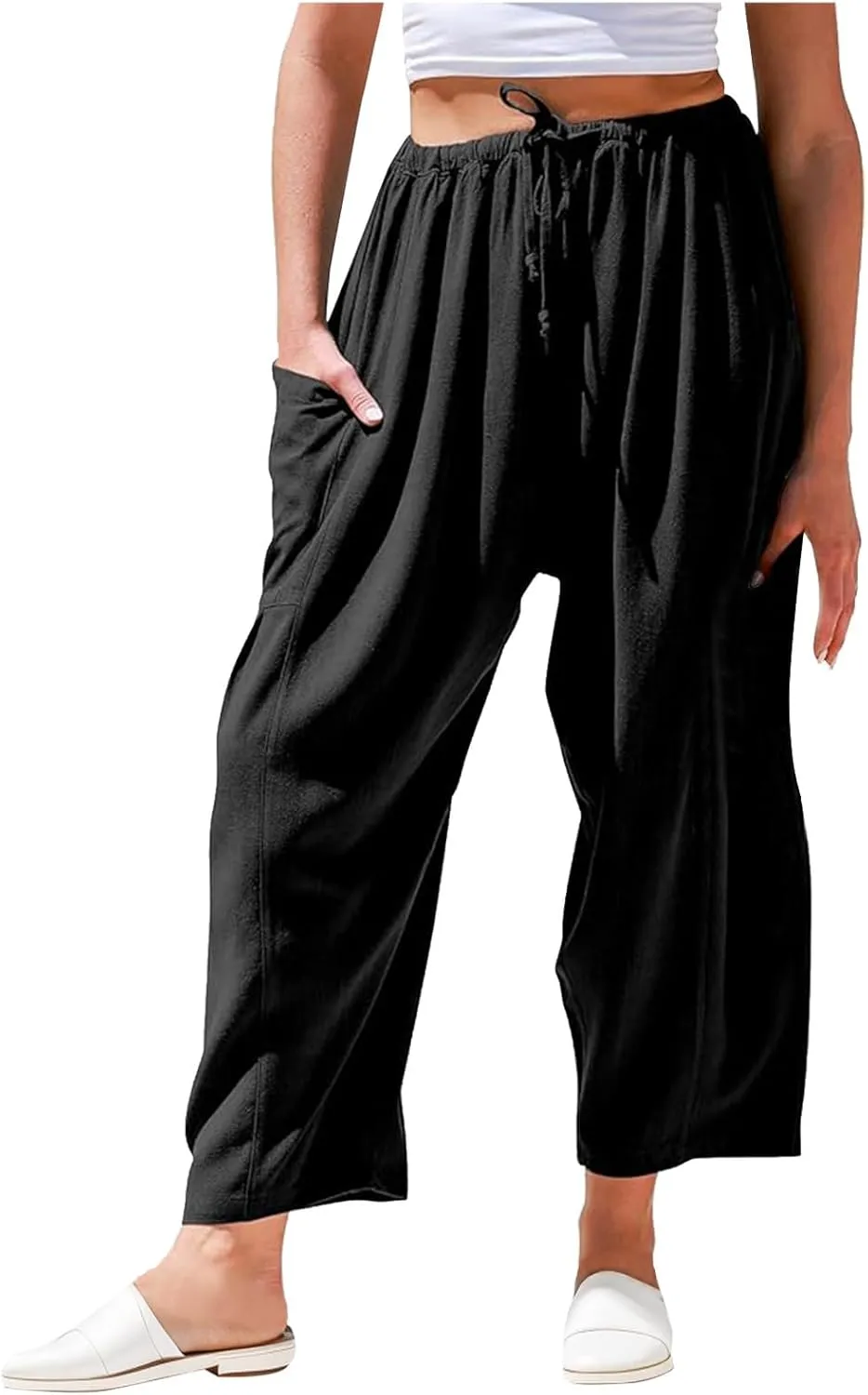 Linen Pants Women 2025 Summer Drawstring Elastic High Waisted Harem Pants Baggy Flowy Wide Leg Pants with Pockets