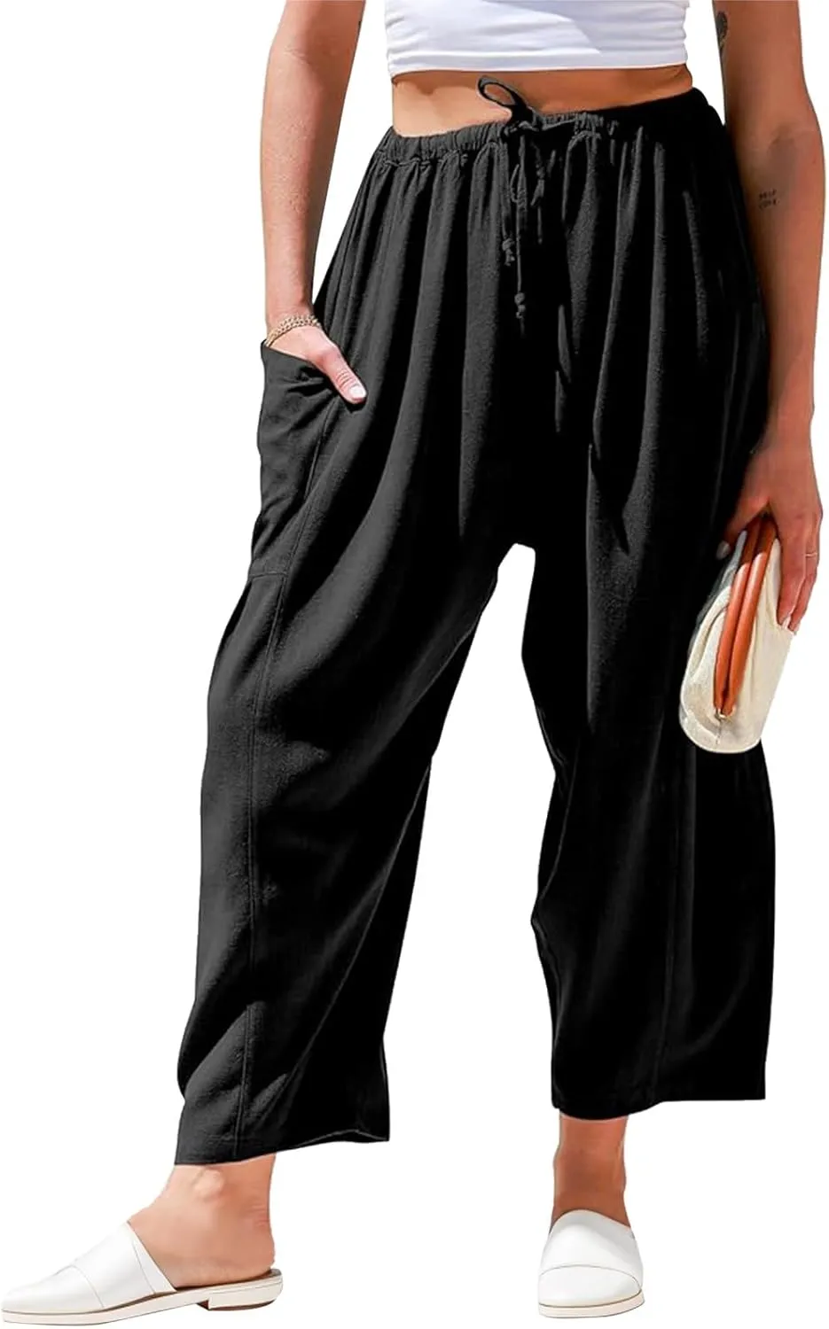 Linen Pants Women 2025 Summer Drawstring Elastic High Waisted Harem Pants Baggy Flowy Wide Leg Pants with Pockets