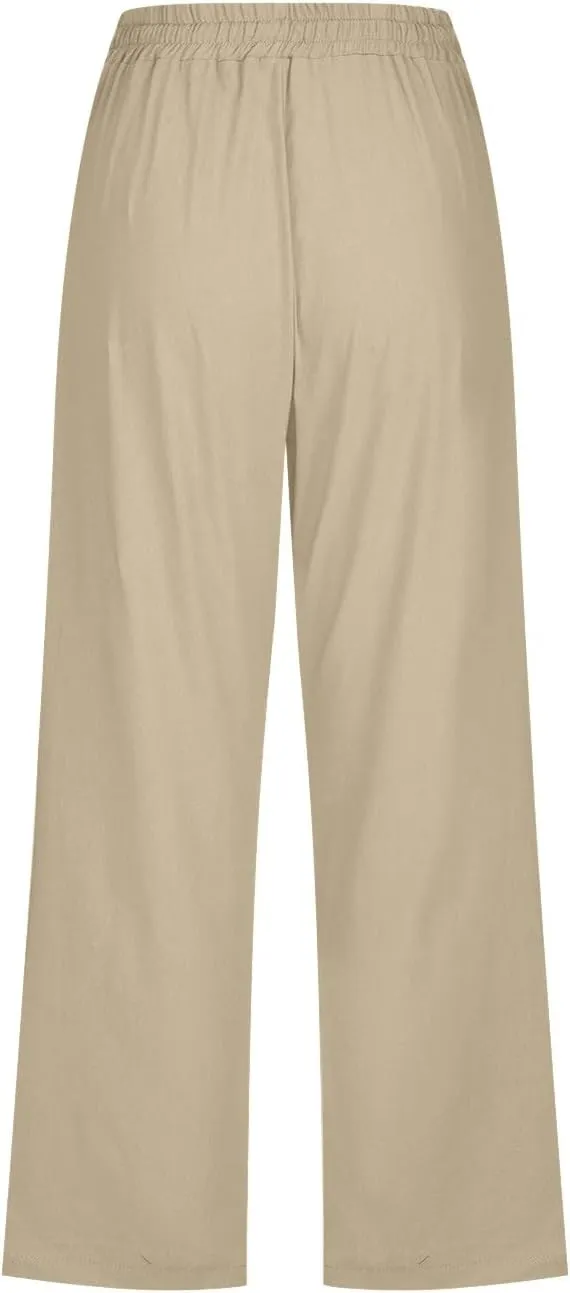 Linen Pants Women Summer Pants Elastic Waist Baggy Pants Drawstring Trousers with Pockets Cropped Pants Women Linen
