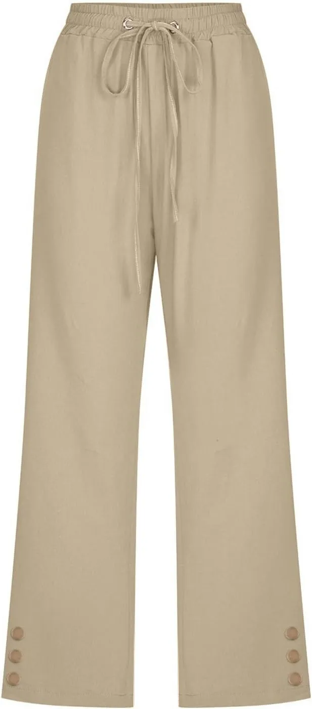 Linen Pants Women Summer Pants Elastic Waist Baggy Pants Drawstring Trousers with Pockets Cropped Pants Women Linen