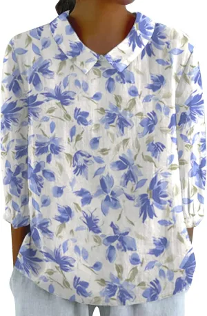Linen Shirts for Women 3/4 Sleeve Peter Pan Collar Tops Casual Dressy Loose Fit Blouses Cotton Linen Shirts