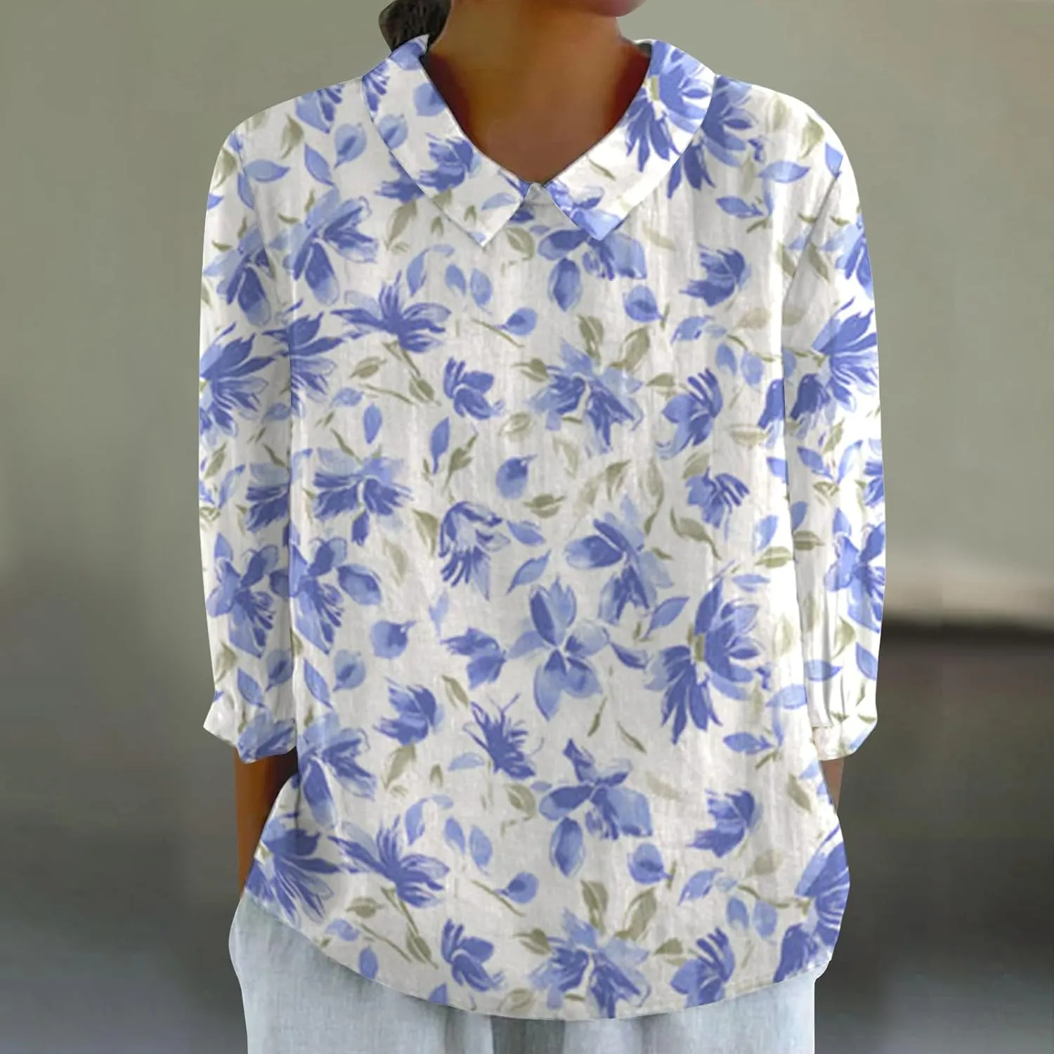 Linen Shirts for Women 3/4 Sleeve Peter Pan Collar Tops Casual Dressy Loose Fit Blouses Cotton Linen Shirts