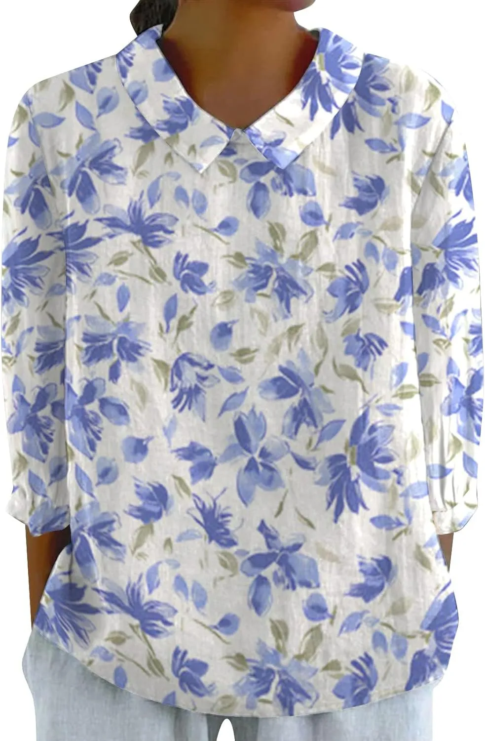 Linen Shirts for Women 3/4 Sleeve Peter Pan Collar Tops Casual Dressy Loose Fit Blouses Cotton Linen Shirts