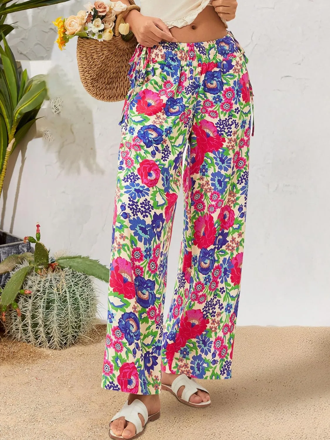LOLOCCI Women Wide Leg Linen Pants Flowy Palazzo Casual Trousers Tropical Adjustable Knot Elastic High Waisted with Pockets