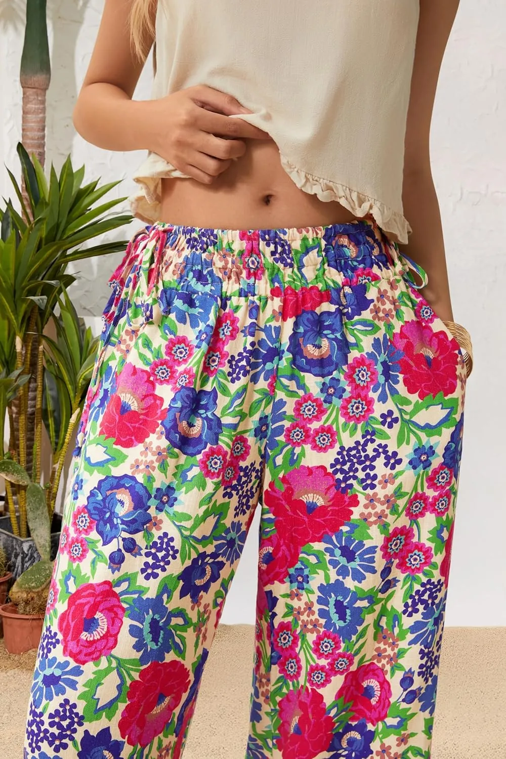 LOLOCCI Women Wide Leg Linen Pants Flowy Palazzo Casual Trousers Tropical Adjustable Knot Elastic High Waisted with Pockets