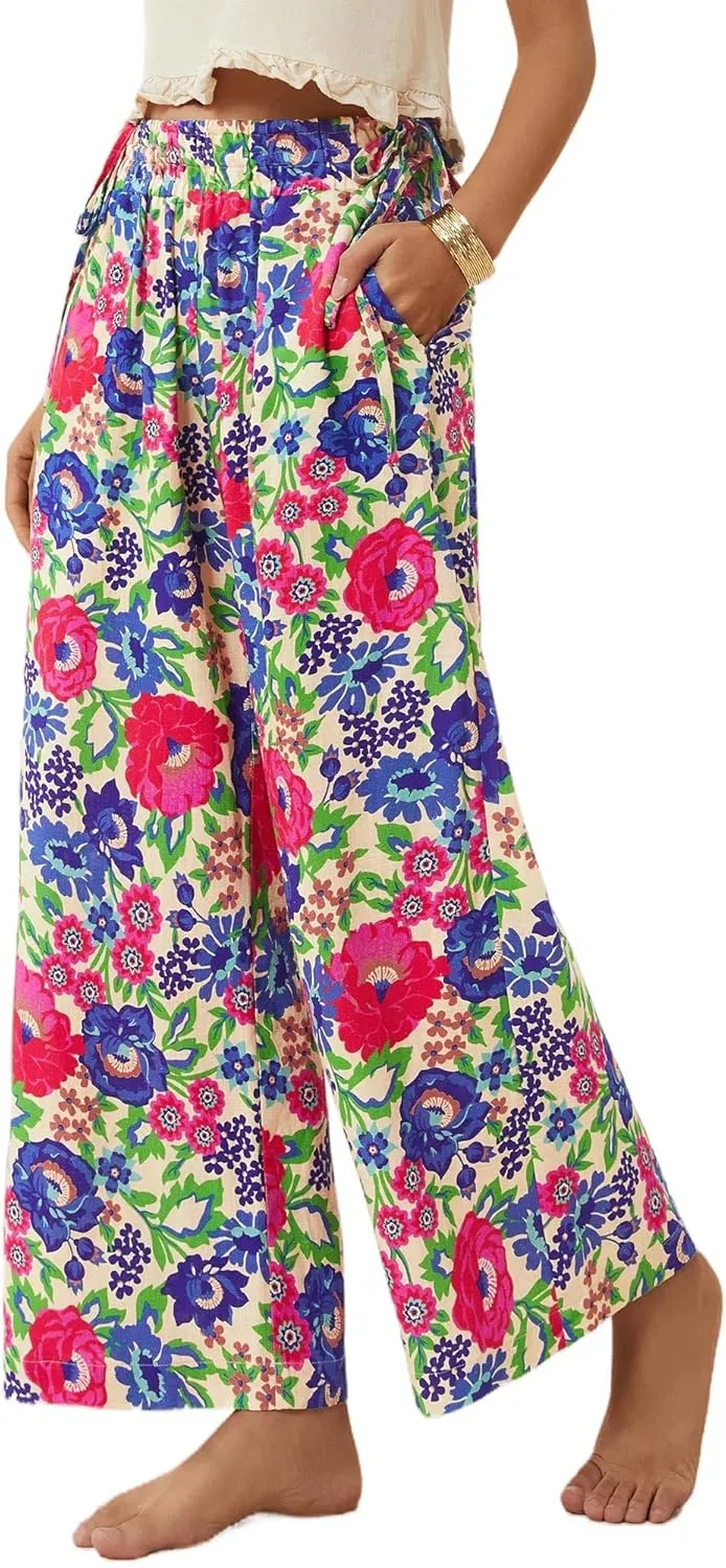 LOLOCCI Women Wide Leg Linen Pants Flowy Palazzo Casual Trousers Tropical Adjustable Knot Elastic High Waisted with Pockets