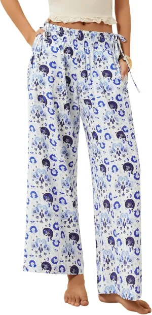 LOLOCCI Women Wide Leg Linen Pants Flowy Palazzo Casual Trousers Tropical Adjustable Knot Elastic High Waisted with Pockets