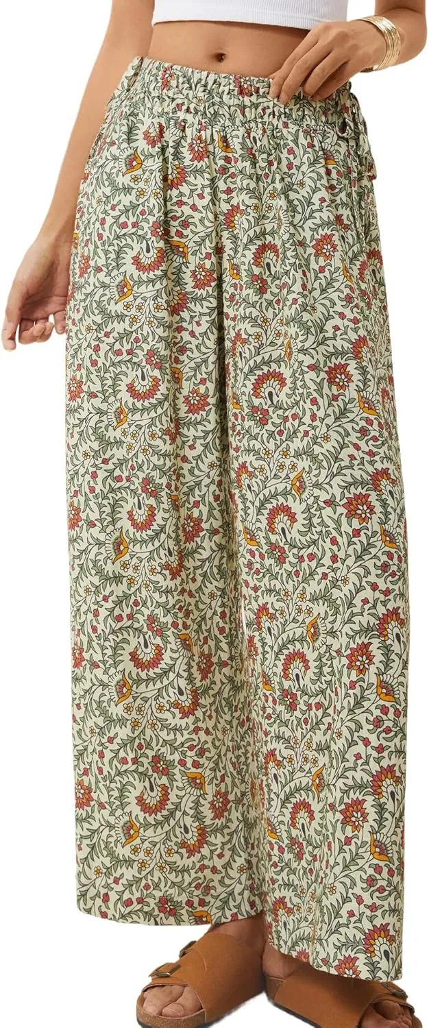 LOLOCCI Women Wide Leg Linen Pants Flowy Palazzo Casual Trousers Tropical Adjustable Knot Elastic High Waisted with Pockets