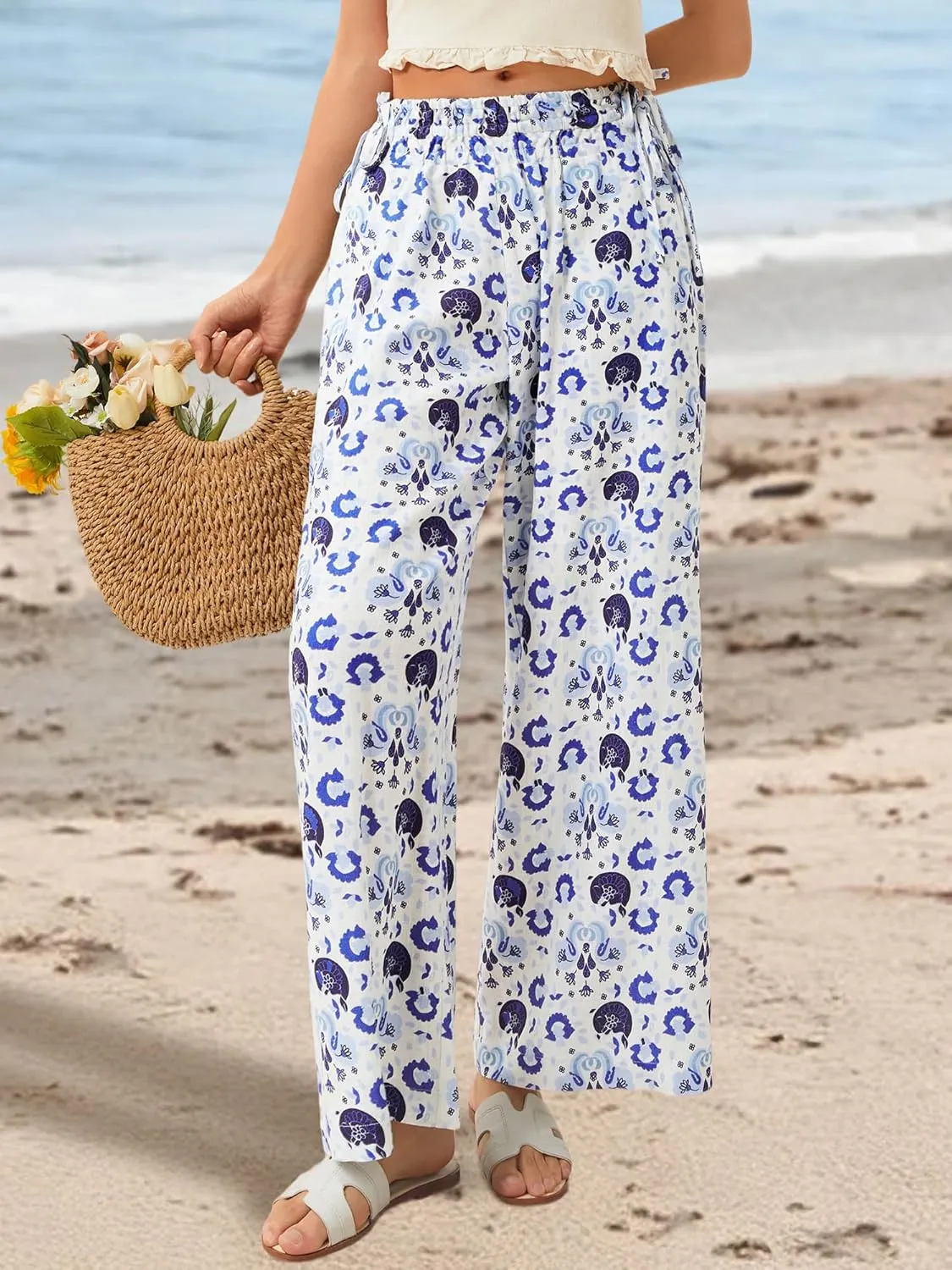 LOLOCCI Women Wide Leg Linen Pants Flowy Palazzo Casual Trousers Tropical Adjustable Knot Elastic High Waisted with Pockets