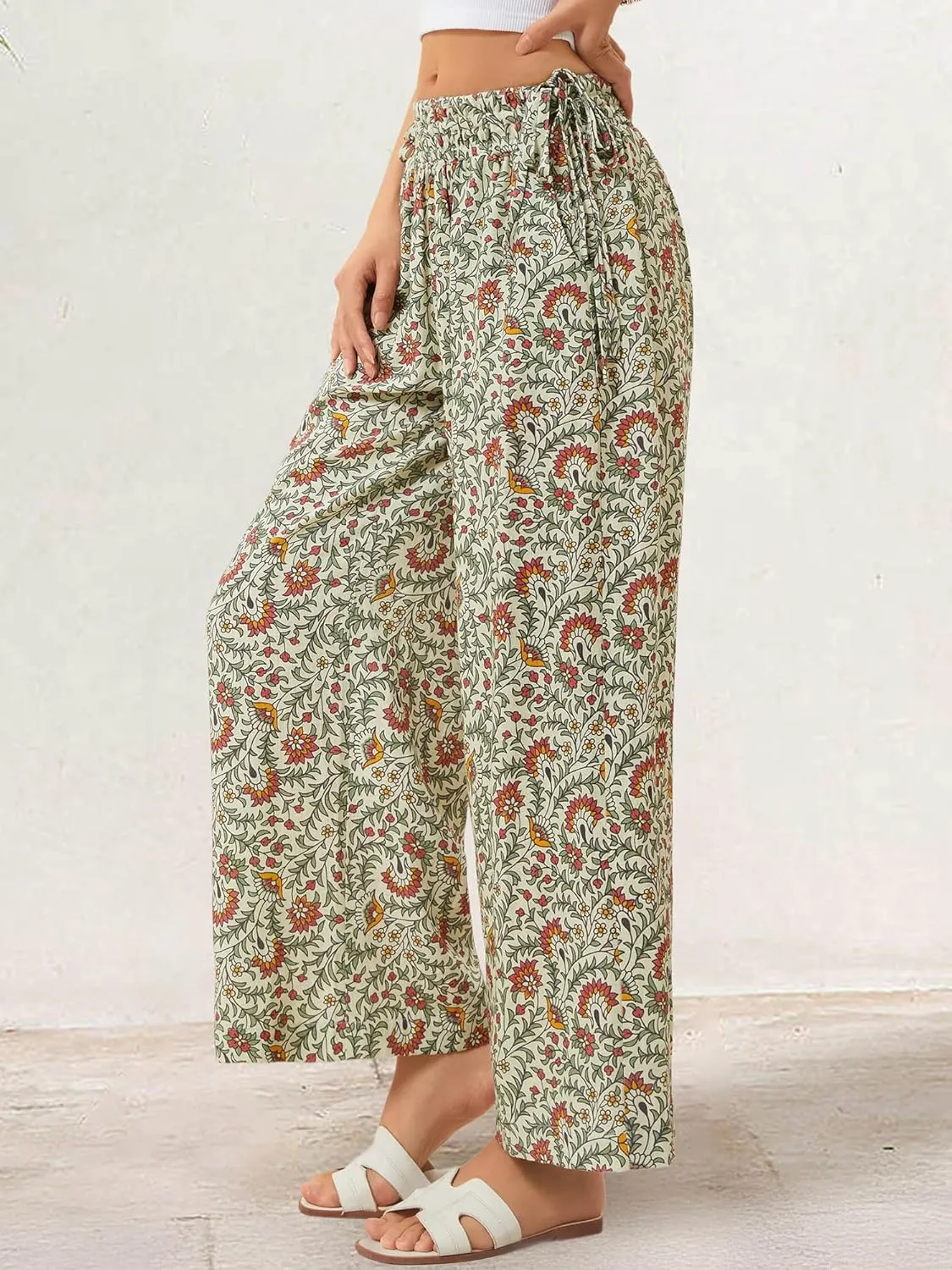 LOLOCCI Women Wide Leg Linen Pants Flowy Palazzo Casual Trousers Tropical Adjustable Knot Elastic High Waisted with Pockets