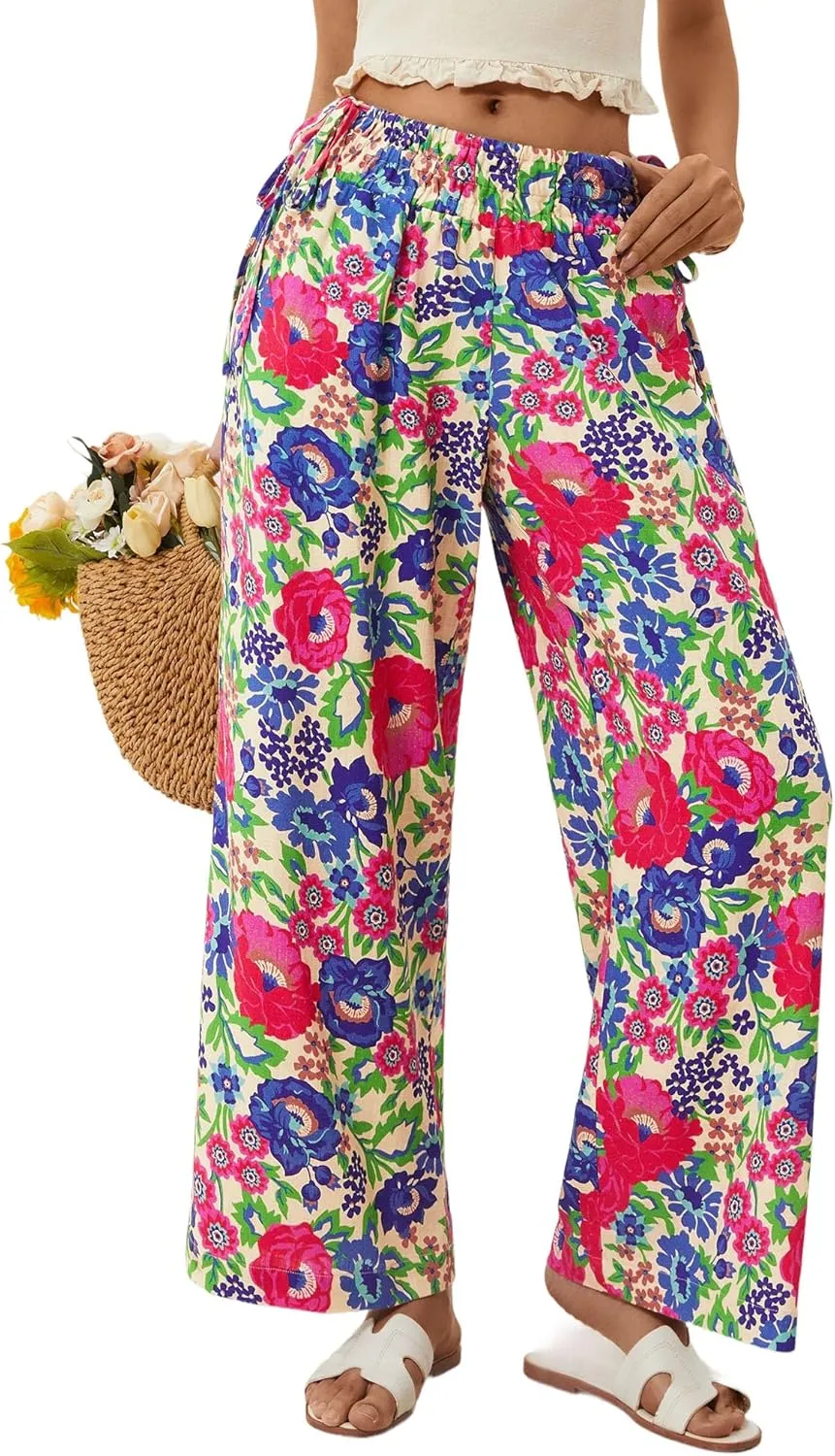LOLOCCI Women Wide Leg Linen Pants Flowy Palazzo Casual Trousers Tropical Adjustable Knot Elastic High Waisted with Pockets