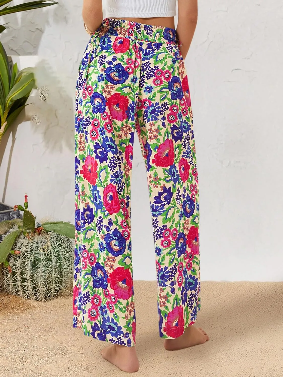 LOLOCCI Women Wide Leg Linen Pants Flowy Palazzo Casual Trousers Tropical Adjustable Knot Elastic High Waisted with Pockets