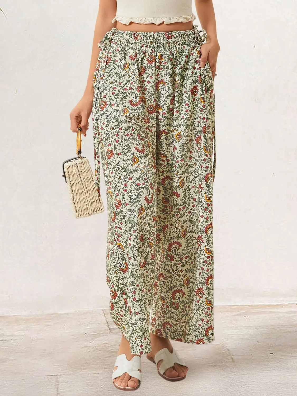 LOLOCCI Women Wide Leg Linen Pants Flowy Palazzo Casual Trousers Tropical Adjustable Knot Elastic High Waisted with Pockets