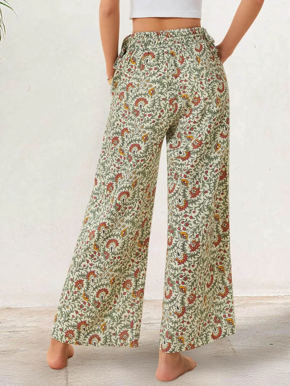 LOLOCCI Women Wide Leg Linen Pants Flowy Palazzo Casual Trousers Tropical Adjustable Knot Elastic High Waisted with Pockets