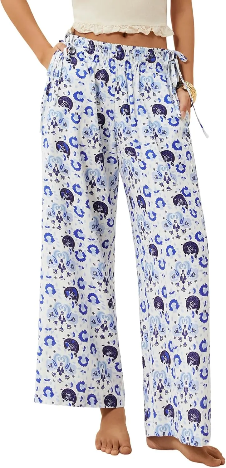 LOLOCCI Women Wide Leg Linen Pants Flowy Palazzo Casual Trousers Tropical Adjustable Knot Elastic High Waisted with Pockets