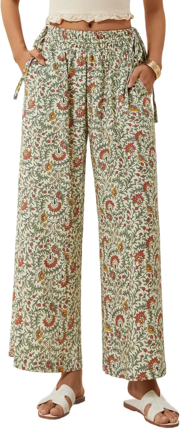 LOLOCCI Women Wide Leg Linen Pants Flowy Palazzo Casual Trousers Tropical Adjustable Knot Elastic High Waisted with Pockets