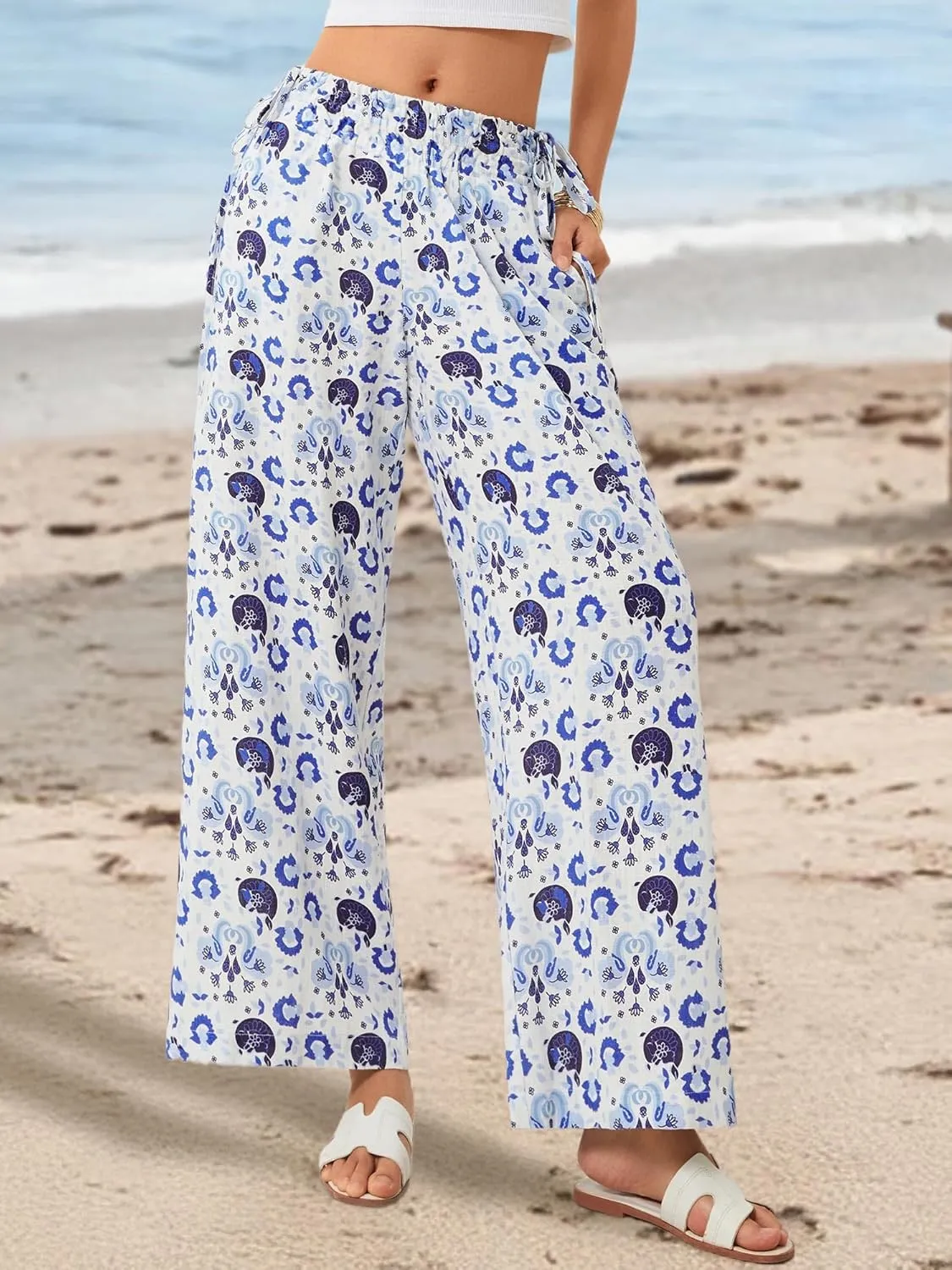 LOLOCCI Women Wide Leg Linen Pants Flowy Palazzo Casual Trousers Tropical Adjustable Knot Elastic High Waisted with Pockets
