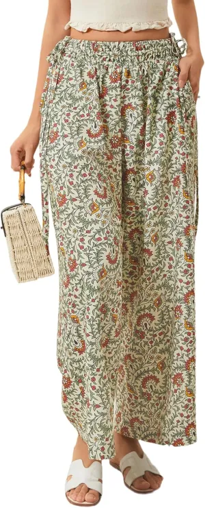 LOLOCCI Women Wide Leg Linen Pants Flowy Palazzo Casual Trousers Tropical Adjustable Knot Elastic High Waisted with Pockets