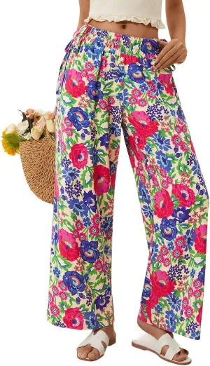 LOLOCCI Women Wide Leg Linen Pants Flowy Palazzo Casual Trousers Tropical Adjustable Knot Elastic High Waisted with Pockets