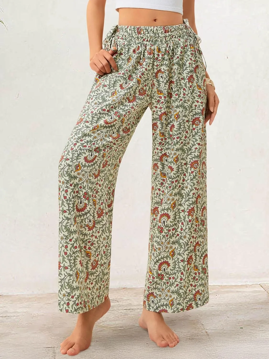 LOLOCCI Women Wide Leg Linen Pants Flowy Palazzo Casual Trousers Tropical Adjustable Knot Elastic High Waisted with Pockets