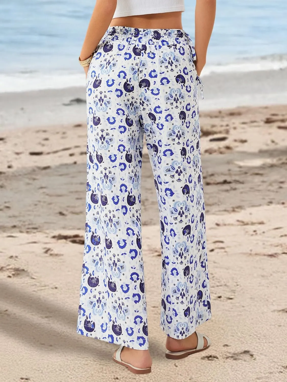 LOLOCCI Women Wide Leg Linen Pants Flowy Palazzo Casual Trousers Tropical Adjustable Knot Elastic High Waisted with Pockets