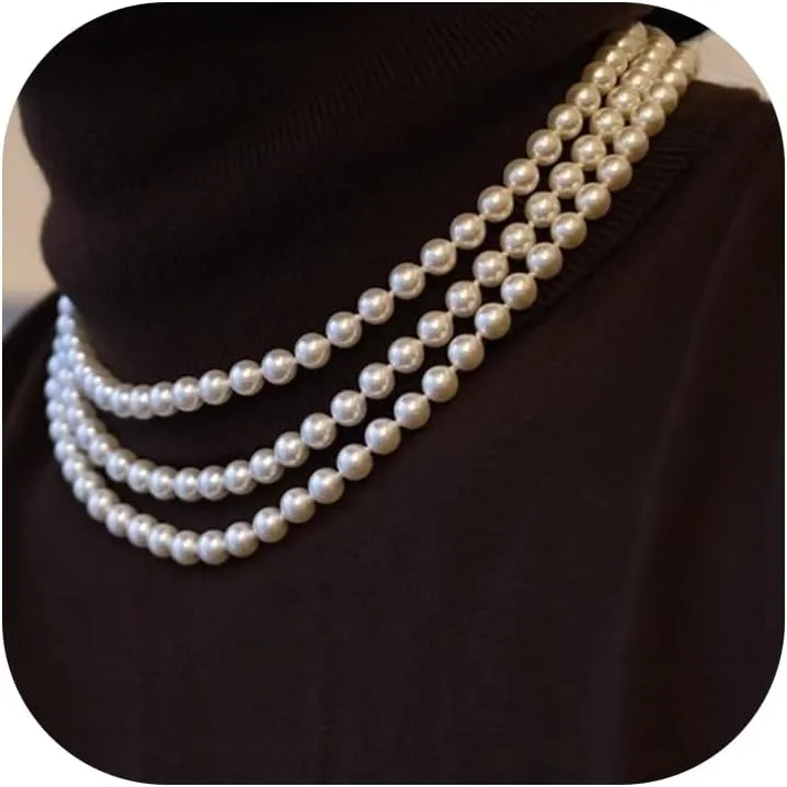 Long Pearl Necklaces for Women,Vintage Elegant Faux White Pearl Multi Strand Layered Beads Necklaces Charm Bridal Wedding Party Prom Choker Necklace 1920s Costume Jewelry