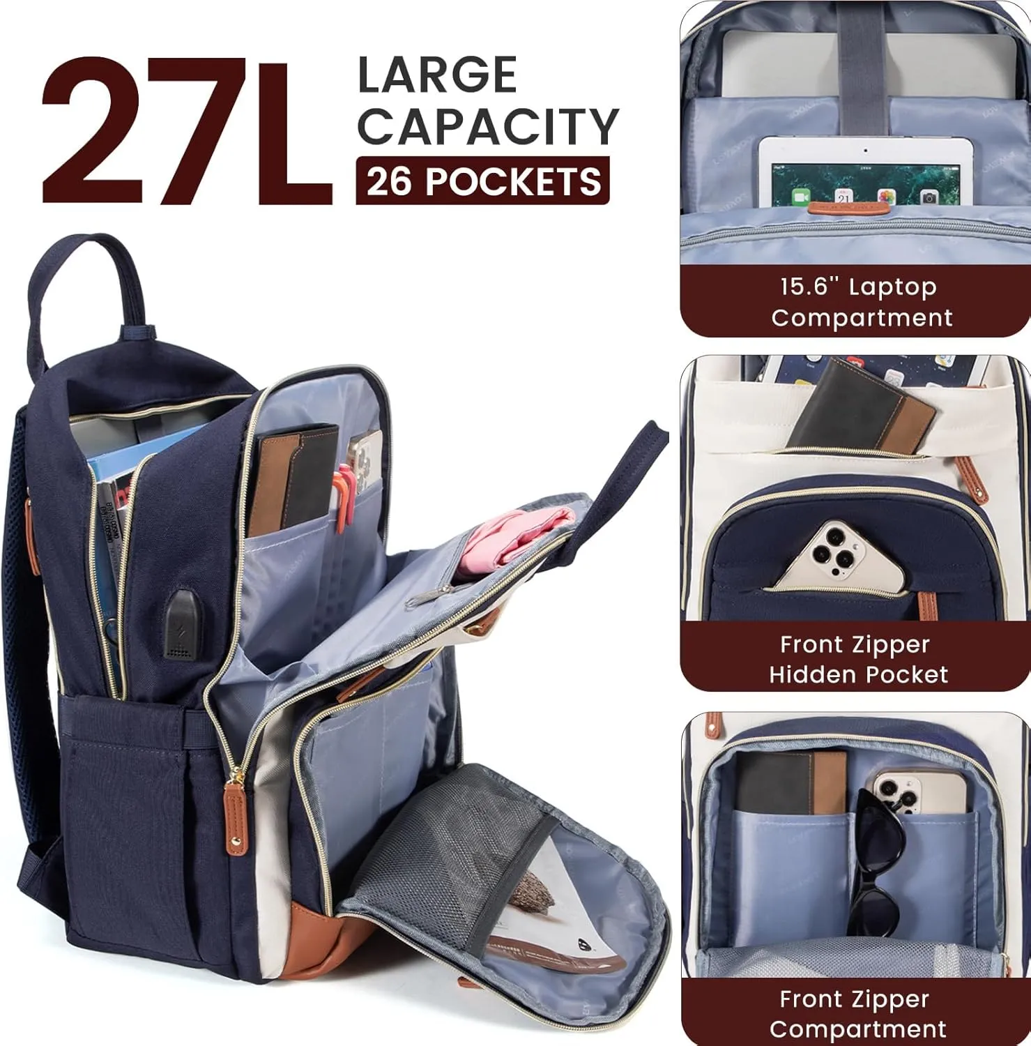 LOVEVOOK Laptop Backpack Women,Large Capacity 15.6 inch Laptop Bag Travel Backpack for Women,Computer Work College Teacher Backpacks with USB Port,Waterproof Personal Item Backpack Casual Daypack