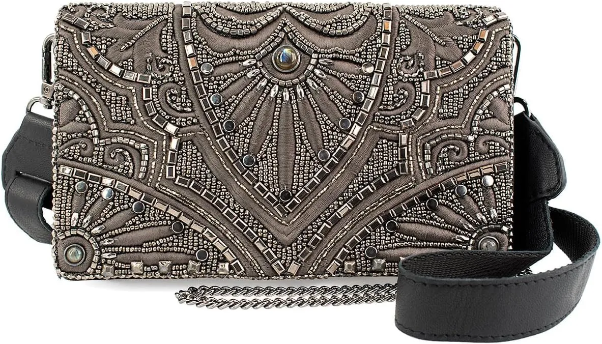 Mary Frances Precious Metal Beaded Waist Belt Bag Crossbody Handbag Clutch Festival Evening Purse, Pewter