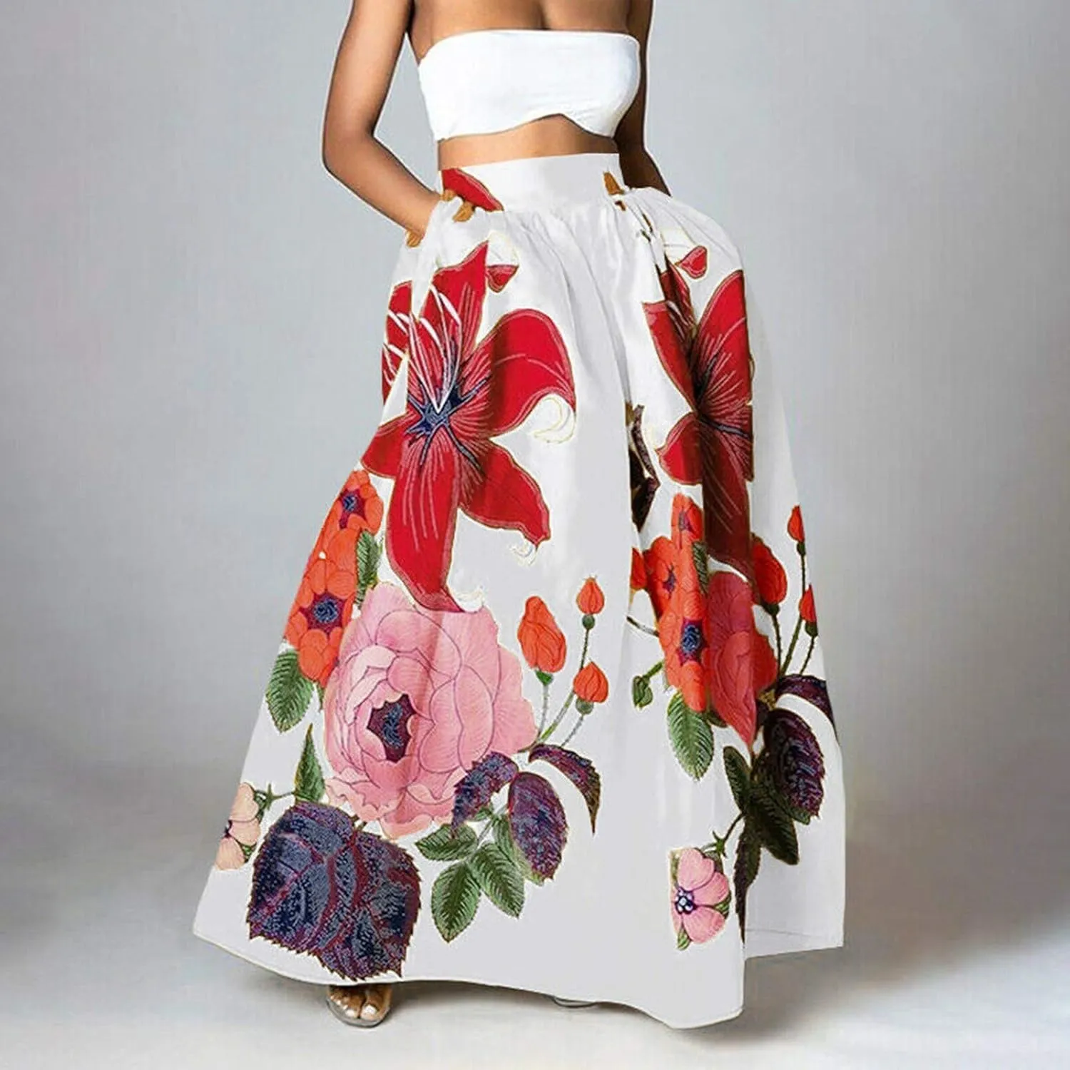 Maxi Skirts for Women Boho Skirt Summer Floral Skirt Long Flowy Skirts Broomstick Skirts Elastic Waist A Line Skirts