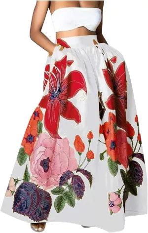 Maxi Skirts for Women Boho Skirt Summer Floral Skirt Long Flowy Skirts Broomstick Skirts Elastic Waist A Line Skirts