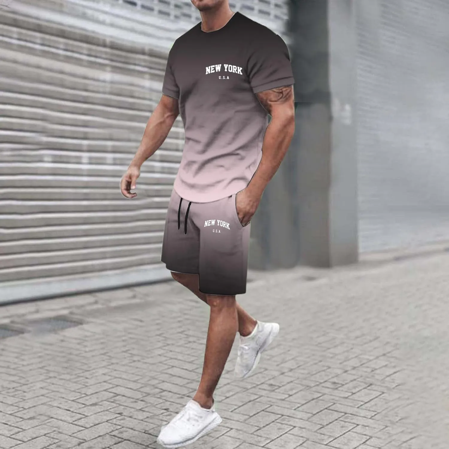 Men 2 Piece Outfits Mens Tracksuits Set Crewneck Shirt and Shorts Athletic Casual Sets Summer Print Track Suits for