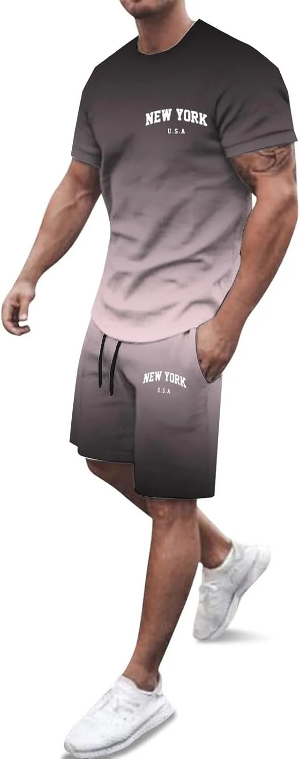 Men 2 Piece Outfits Mens Tracksuits Set Crewneck Shirt and Shorts Athletic Casual Sets Summer Print Track Suits for