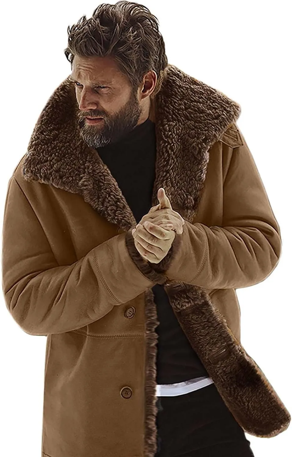 Men Sherpa Jackets Fleece Lined Faux Leather Coat Heavyweight Suede Faux Fur Trench-Coats Long Sleeve Top with Pocket