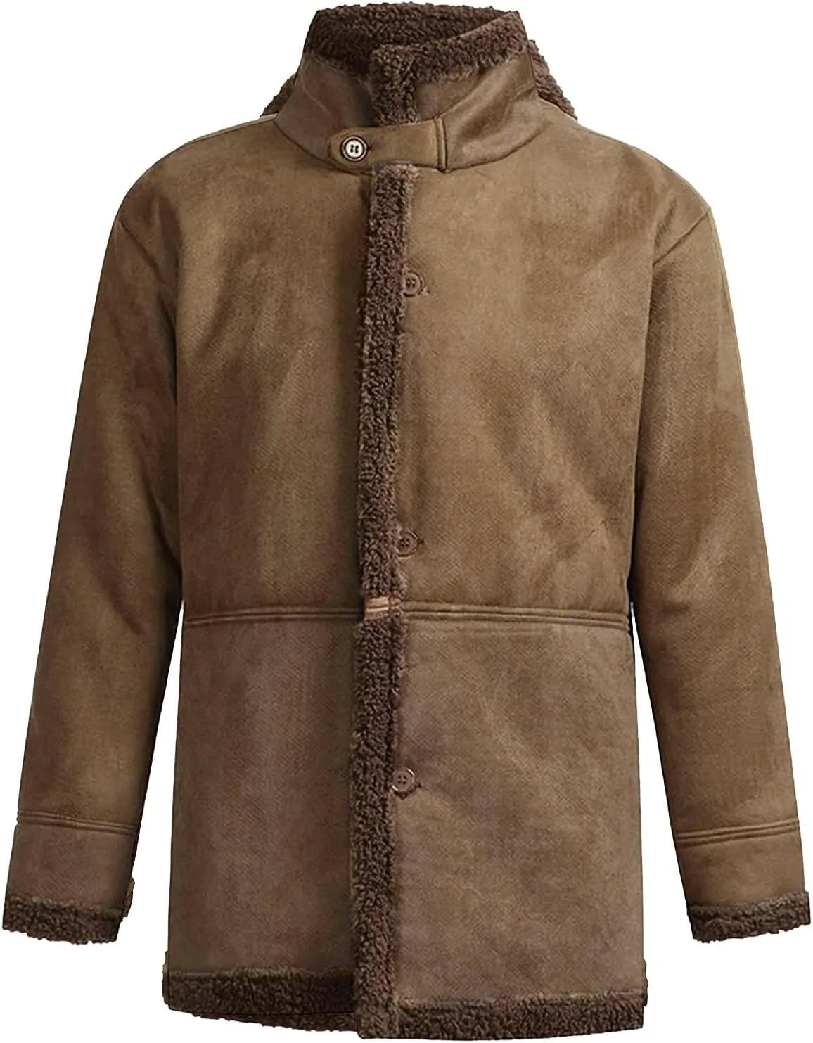 Men Sherpa Jackets Fleece Lined Faux Leather Coat Heavyweight Suede Faux Fur Trench-Coats Long Sleeve Top with Pocket