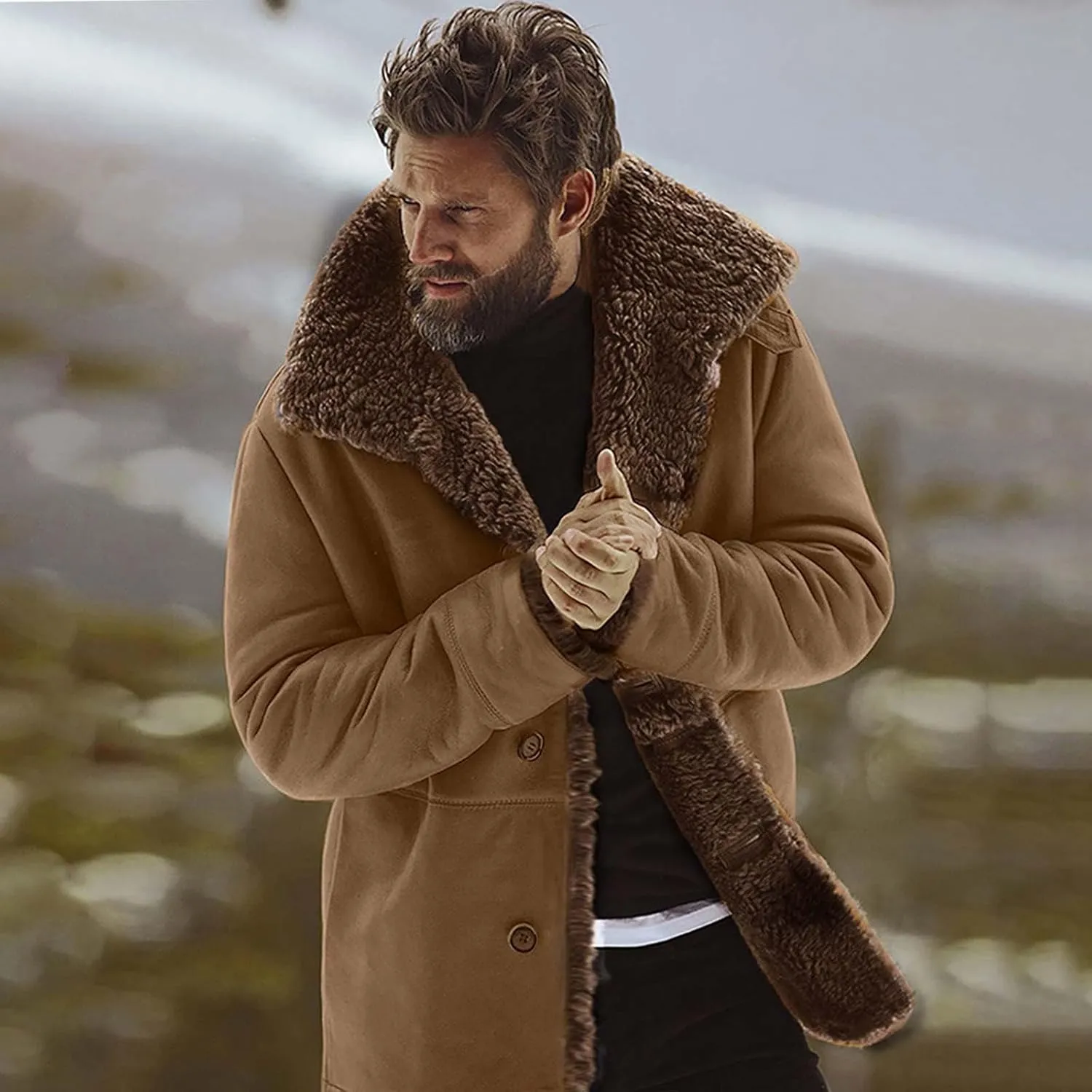 Men Sherpa Jackets Fleece Lined Faux Leather Coat Heavyweight Suede Faux Fur Trench-Coats Long Sleeve Top with Pocket