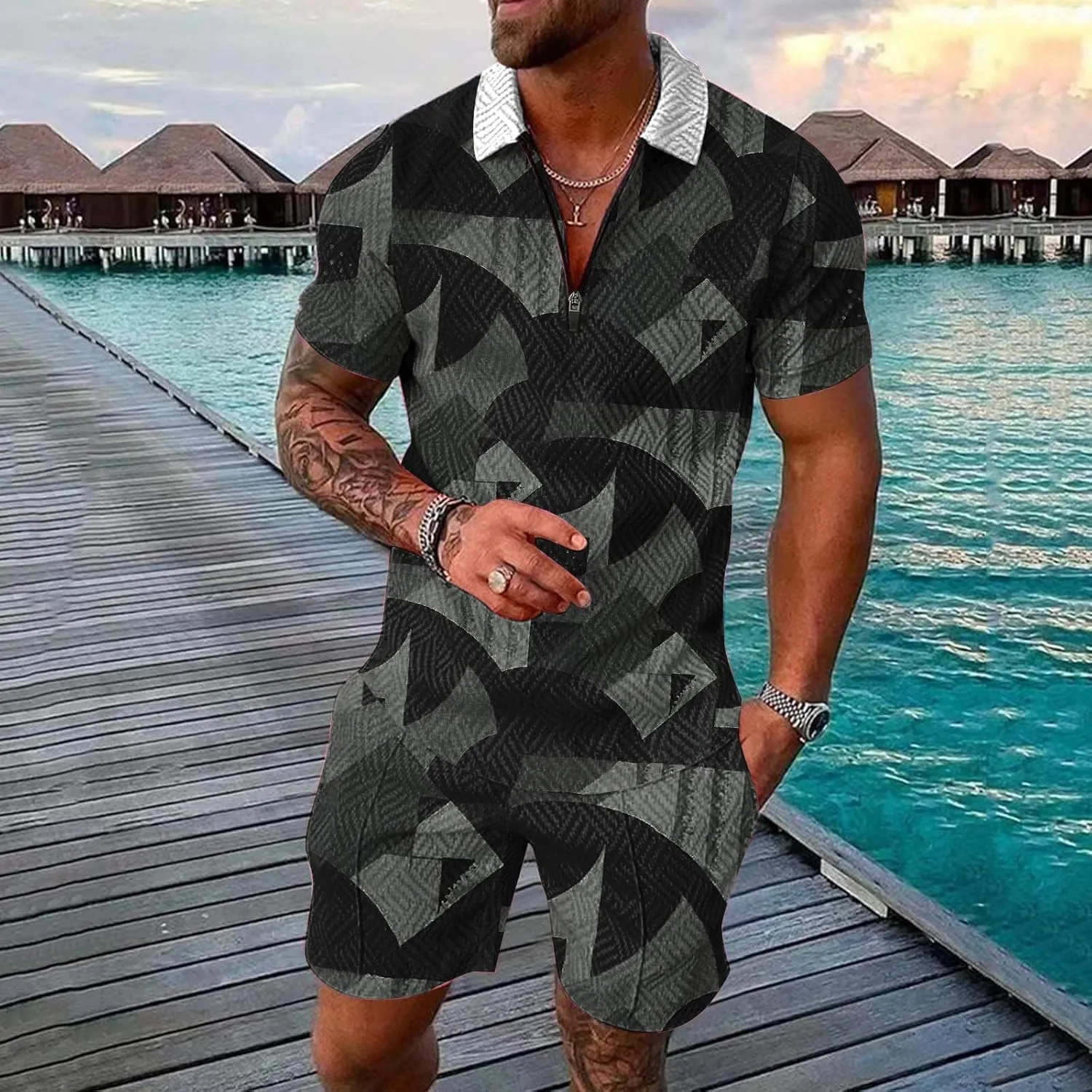 Mens 2-Piece Casual Summer Outfit Polo Shirt and Shorts Set for Beach Sport Set for Men